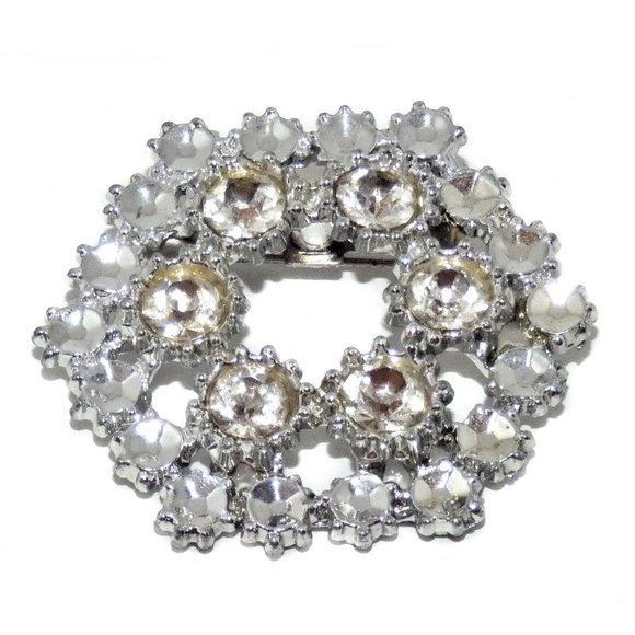 Vintage Brooch Silver Tone Rhinestones Hexagon - Picture 2 of 4
